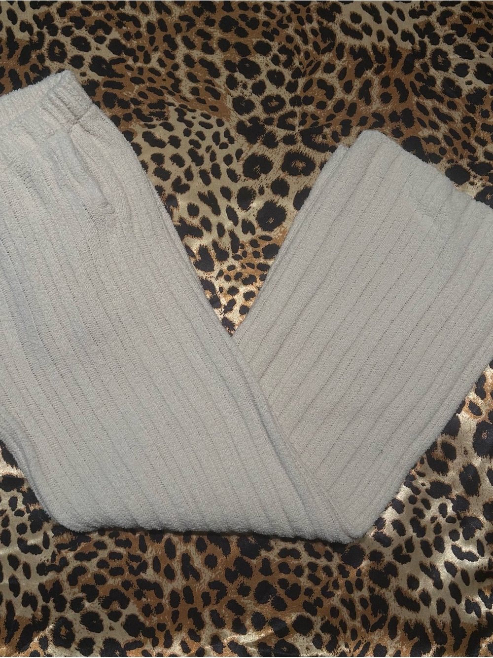 Joyspun Off-White Ribbed Knit Wide Leg Lounge Pants with Pockets